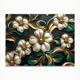 Luxury Floral Seamless With Flowers Elegant Leather Texture Illustration Background In Golden, Green, White 4 Canvas Print