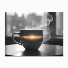 A White Mug With Steam Rising From It, Sitting On A Table In Front Of A Window With A Blurred View Of A Cityscape At Night Canvas Print