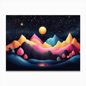 3d Modern Night Landscape, Colorful Mountains, Trees, Dark Black Background with Stars and Moon Canvas Print