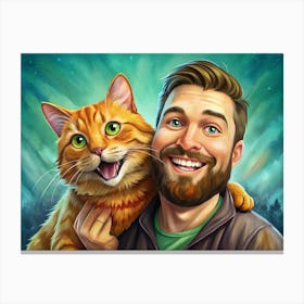 Man With A Cat Smiling Against A Green And Blue Aurora Borealis Background Canvas Print