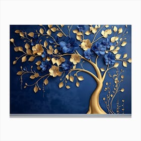 Elegant Gold And Royal Blue Floral Tree With Seamless Leaves Canvas Print