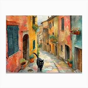 Black Cat In Sassari, Italy, Street Art Watercolour Painting 2 Canvas Print