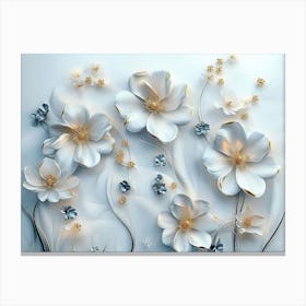 Sophisticated 3d Artwork Design, White and Blue Tones, Golden Jewelry, Floral Motifs 3 Canvas Print