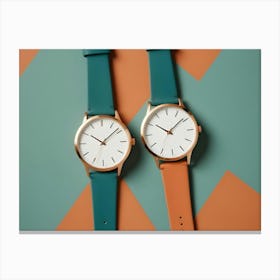 Two Wristwatches With Gold Bands And White Faces, One With A Green Strap And One With An Orange Strap, On A Green And Orange Background Canvas Print