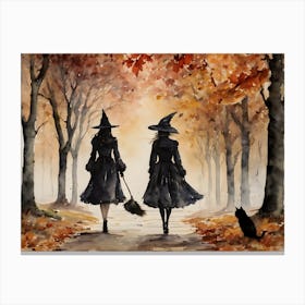 Best Witches on an Autumn Day ~ Witchy Fall Black Cat Spooky Fairytale Watercolour  Canvas Print