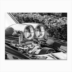 Black And White Image Of A Classic Car Engine Canvas Print