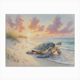 A beautiful watercolor painting of a majestic sea turtle on the shore as it leaves the sand dunes Canvas Print