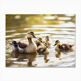 Ducklings Intermingling With Canadian Geese Gentle Ripples Spreading Across A Shallow Pond Reflect (1) Canvas Print