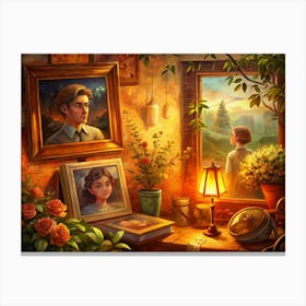 Warm Interior With Portraits And A Window View Canvas Print