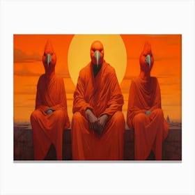 Three Red Hens In Front Of An Orange Sky In The Style 1 Canvas Print