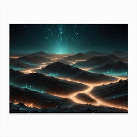 A Digital Art Illustration Of A Mountainous Landscape With Glowing Lines And A Starry Sky Canvas Print