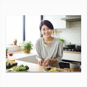 Happy Asian Woman In Kitchen Canvas Print