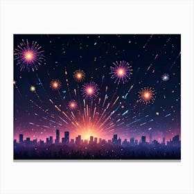 A View Of A Cityscape At Night, With Multiple Fireworks Exploding In The Sky Canvas Print