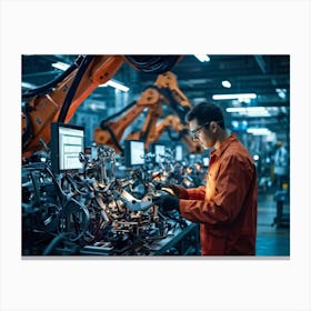 An Artificial Intelligence Engineer Immersed In A High Tech Manufacturing Factory Examining The Com (2) Canvas Print