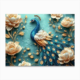 3d Peacock Illustration Background with Golden Jewelry and Flowers 2 Canvas Print