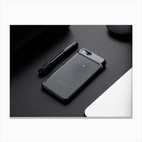 Black Leather Phone Case Modern And Sleek Resting On A Minimalist Workspace Featuring A Matte Gray Canvas Print