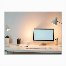 Photo Of A White Desk With A Computer, Two Lamps, Plants, Pencils, A Mug, And Office Supplies Canvas Print