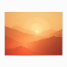 Minimalistic Illustration Of A Mountain Range Silhouetted Against A Vibrant Orange Sunset, With The Sun Peeking Through The Peaks Canvas Print