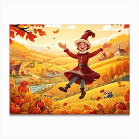 Cartoon Illustration Of A Joyful Feathered Pilgrim Character Adorned With A Traditional Happy Hat Canvas Print