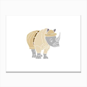 Rhinoceros In Safari Ranger Uniform, Fun Safari Animal Print, Landscape Canvas Print