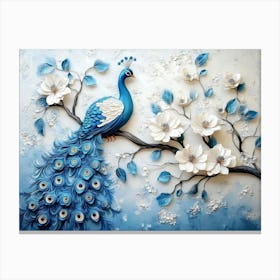 Peacock Painting. 3d blue peacock with flowers Canvas Print