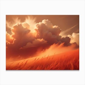 A Field Of Tall Grass With A Red Orange Sky Canvas Print