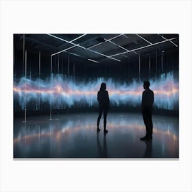 Two Figures In Silhouette Stand In A Futuristic, Empty Room Illuminated By A Large Display Of Abstract, Glowing Light Patterns Resembling Sound Waves Or Data Canvas Print