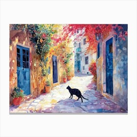 Rhodes, Greece   Cat In Street Art Watercolour Painting 2 Canvas Print