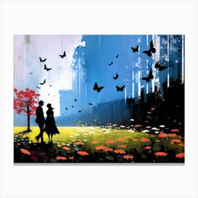 Couple Walking In The Park With Butterflies Canvas Print