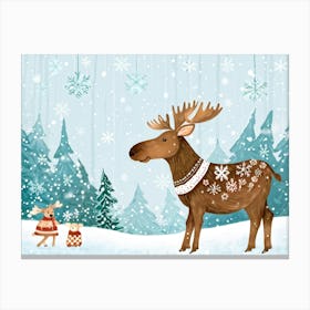 Illustration Of A Baby Moose In A Serene Scandinavian Winter Forest Clearing Surrounded By Twinklin Canvas Print