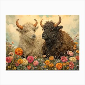 Floral Animal Illustration Yak 4 Canvas Print