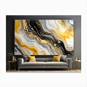 Abstract Art Featuring Liquid Marble Patterns Flowing Together In A Dance Of Grey Black Yellow G (2) Canvas Print