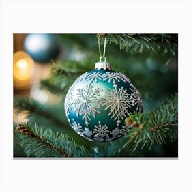 A Meticulously Detailed Geometrical Bauble Delicately Poised On The Thin Frost Dusted Branches Of (2) 2 Canvas Print