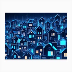 An Image Of A City Skyline At Night, With Buildings Glowing With A Blue Light Canvas Print