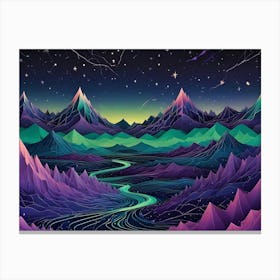 Stylized Landscape With Colorful, Geometric Mountains And A Winding River Flowing Through A Valley Beneath A Starry Sky Canvas Print