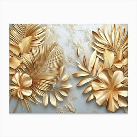 Gold Floral Plants and Palm Leaves 3d Illustration, Grey Background, Abstract Tropical Leaves, Banana Leaves 2 Canvas Print