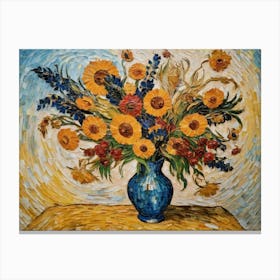 Painting Of Vase With Yellow And Blue Flowers Canvas Print