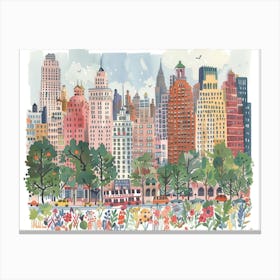 New York Flowers Landmarks Landscape Watercolour Canvas Print