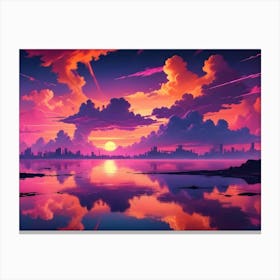 Vibrant Cityscape Sunset Over Water Canvas Print