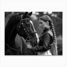 Woman In Fitted Black Leather Jacket White Breeches Holding Reins Gentle Lean On A Majestic Black Canvas Print