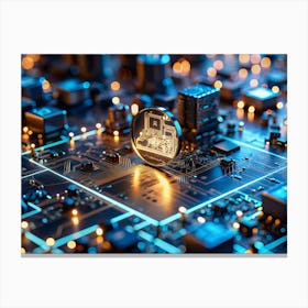 A Golden Cryptocurrency Coin With A Circuit Board Design On A Circuit Board Background With Blue And Orange Lights Canvas Print