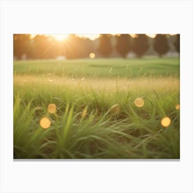 A Close Up Shot Of Green Grass With A Blurred Background Of A Field And Trees Canvas Print