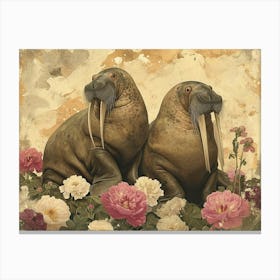 Floral Animal Illustration Walrus 3 Canvas Print