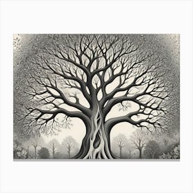 Black And White Illustration Of A Majestic Oak Tree Canvas Print