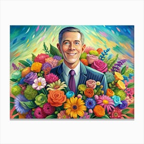 Happy Man In Suit Surrounded By Flowers Canvas Print