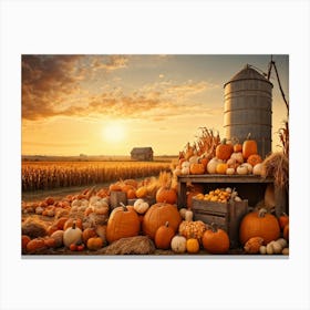 A Vintage Style Autumn Harvest Composition Showcasing Piles Of Pumpkins And Corn Cobs Scattered In (6) Canvas Print