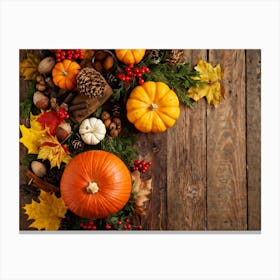 Autumn Themed Table Decor Featuring An Assortment Of Yellow And Orange Leaves Acorns Amidst A Garde (5) Canvas Print