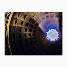 Oculus of the Pantheon. This image captures the interior view of the Pantheon’s dome, focusing on the oculus at its apex. The coffered ceiling, with its geometric patterns, is illuminated by natural light streaming through the oculus, creating a dramatic interplay of light and shadow. The oculus, a circular opening at the top of the dome, serves as the primary source of light for the Pantheon’s interior and symbolizes the connection between the temple and the heavens. Canvas Print