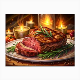 Juicy Grilled Steak With Rosemary Garnish And Candles Canvas Print