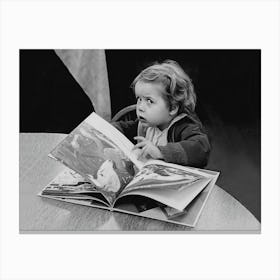 Child Reading A Book, Black and White, Vintage Old Photo Canvas Print